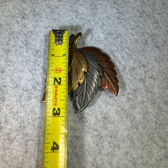 Vintage Leaf Trio Brooch Pin Copper Silver Gold Tone Mixed Metal Autumn Vintage - Picture 4 of 5